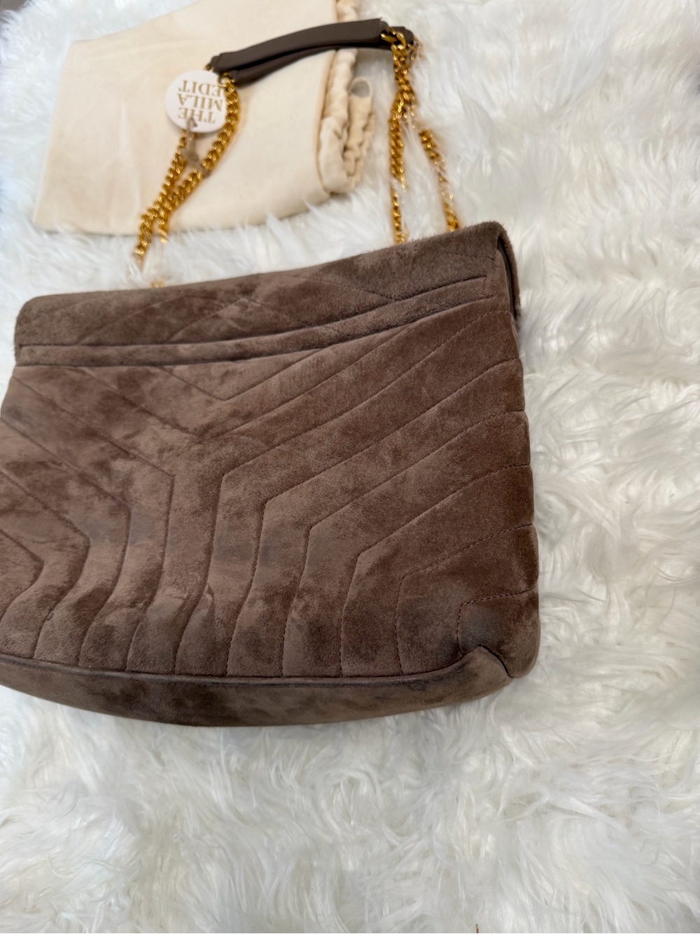 Saint Laurent Taupe Suede LOULOU QUILTED Envelope Bag with Gold Hardware - Picture 6 of 9